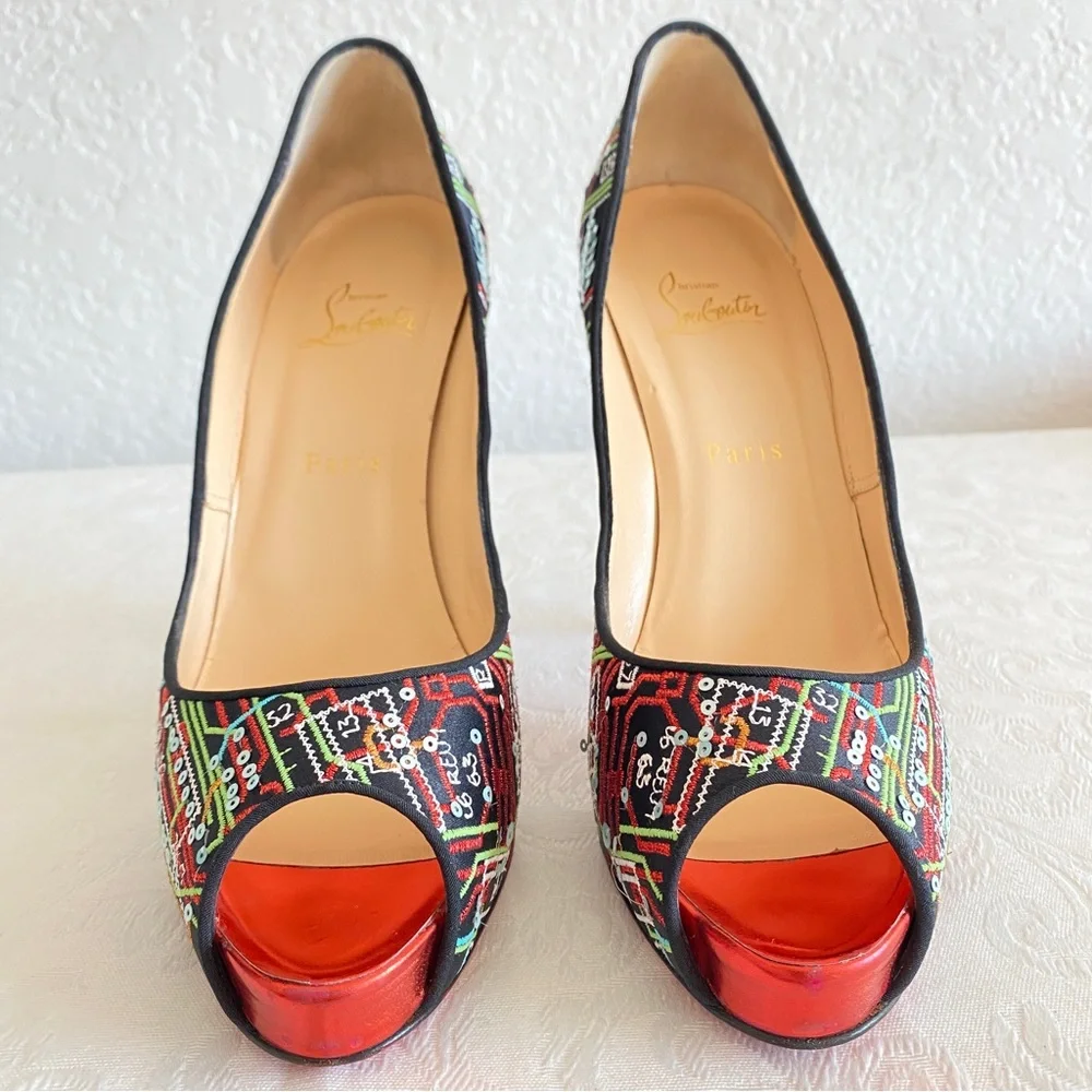 Christian louboutin embroidered peep toe platform pumps